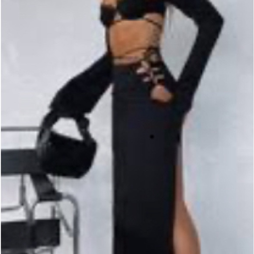 Black Maxi Skirt High Slit White Fox Keyhole Cutouts  ‘Already Taken’ Sz Medium